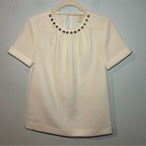 Kate Spade White & Silver Rhinestone Neck Line Short Sleeve Blouse Size 0